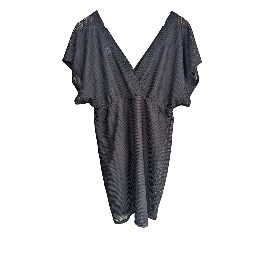 JORDAN TAYLOR Black Mesh Sheer Cover Up Dress Womens L V-Neck Swim Resort‎